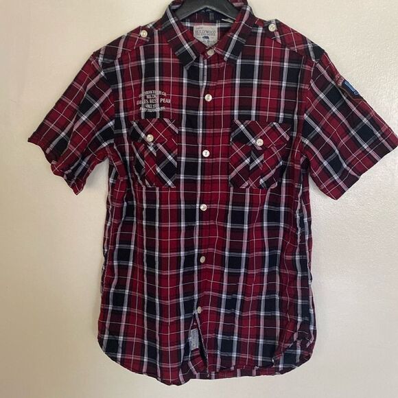 Hollywood Men’s Size L Multicolor Red Short Sleeve Button Up Plaid Shirt Top - Picture 1 of 12